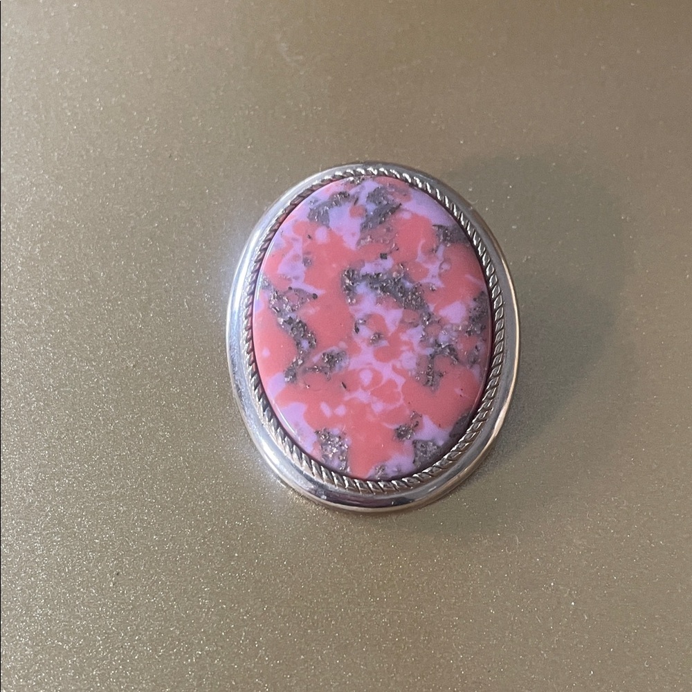 Vintage Sarah Coventry Pink Marble & Gold Tone Brooch w/ Pin and Hook